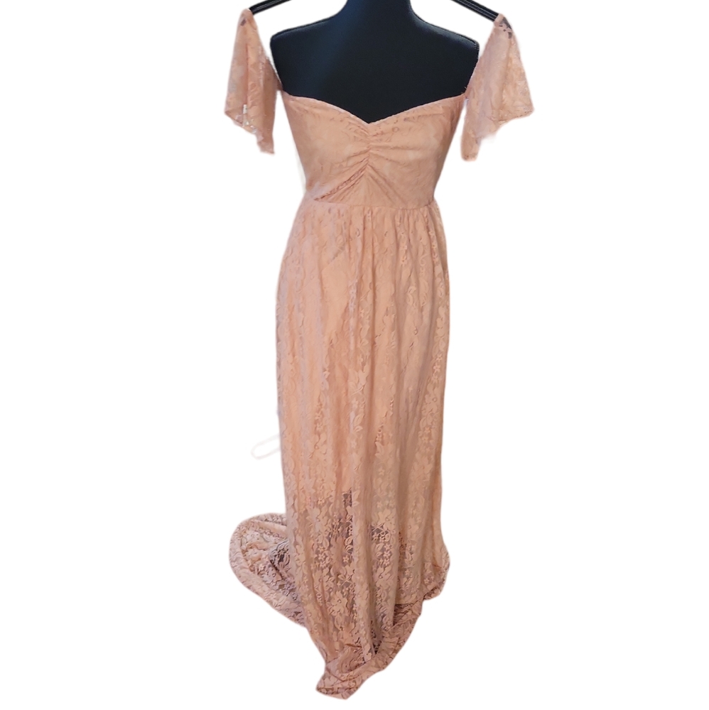 Romantic Renaissance style pink lace dress bohemian festival M with long train